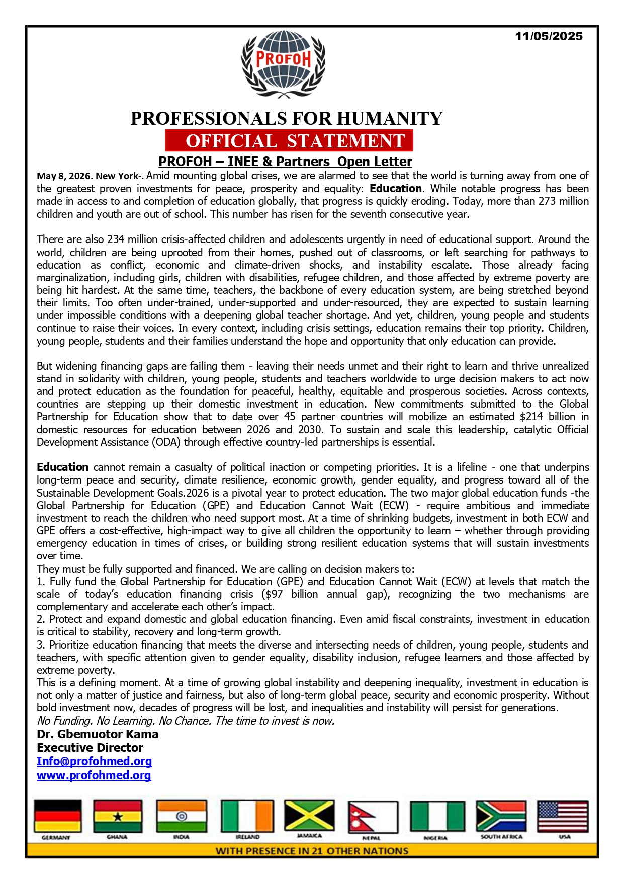 PROFOH – INEE & Partners  Open Letter