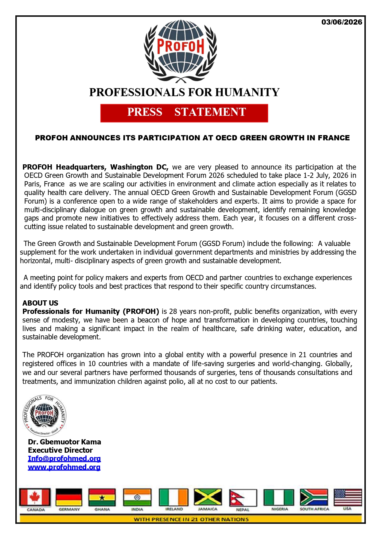 PROFOH ANNOUNCES ITS PARTICIPATION AT OECD GREEN GROWTH IN FRANCE