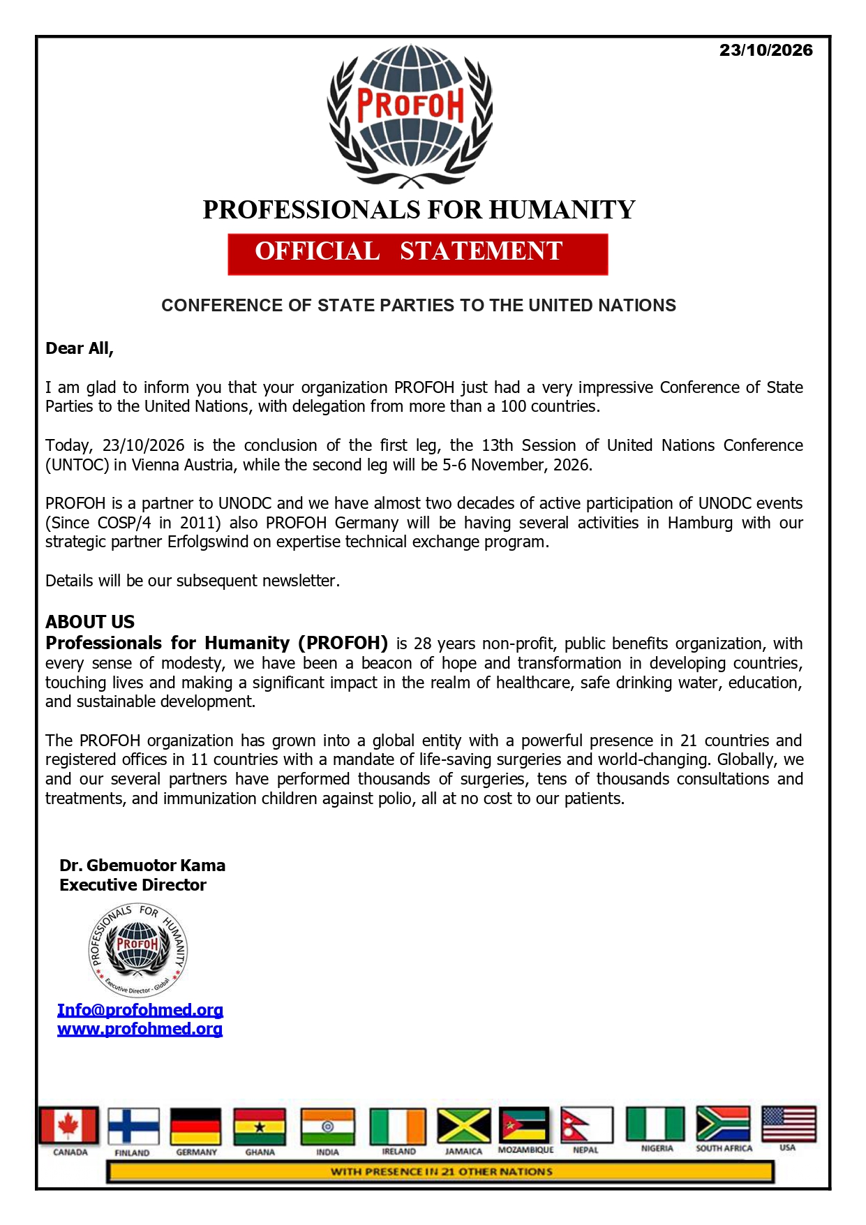 PROFOH AT CONFERENCE OF STATE PARTIES TO THE UNITED NATIONS