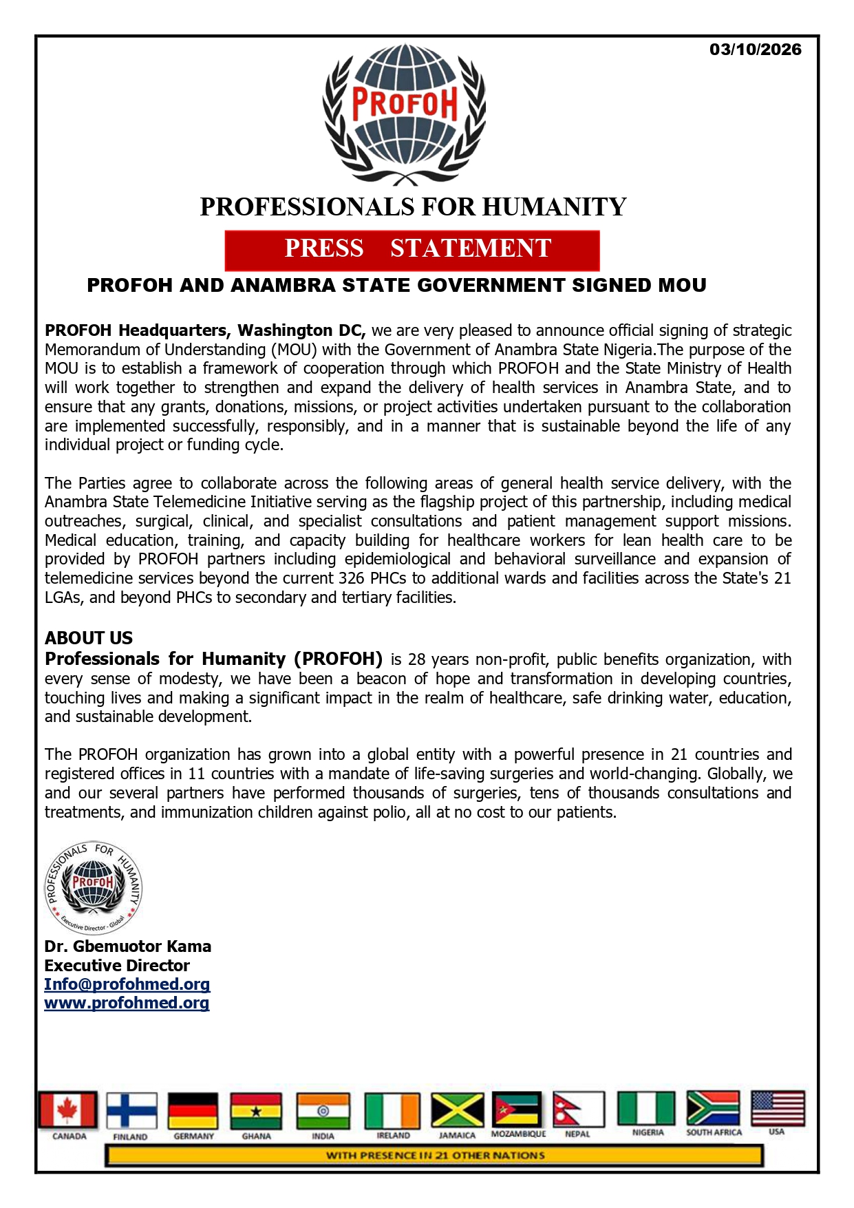  PROFOH AND ANAMBRA STATE GOVERNMENT SIGNED MOU